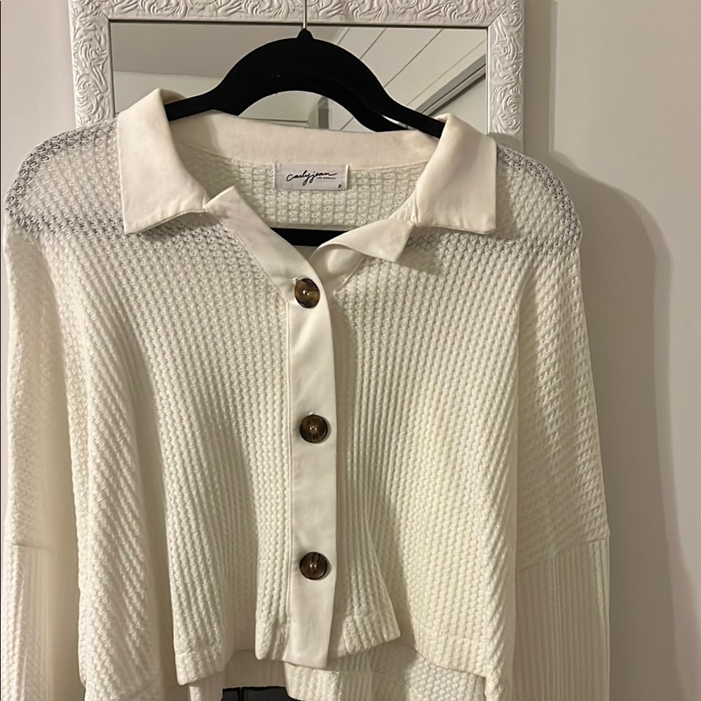 Carly Jean Los Angeles White Cardigan Sweater with Ribbed Knit